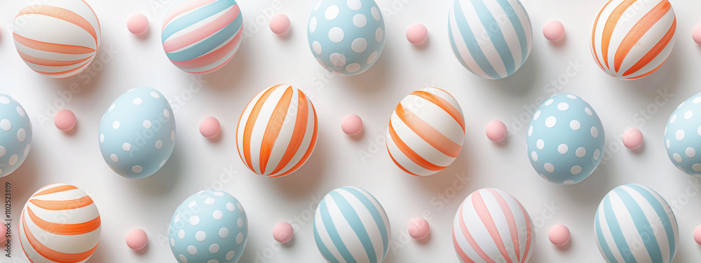 Pastel-colored Easter eggs with stripes and dots arranged on a white background Pastel-colored Easter eggs with stripes and dots arranged on a white background