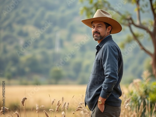 there is a man standing in a field with a hat on. photo