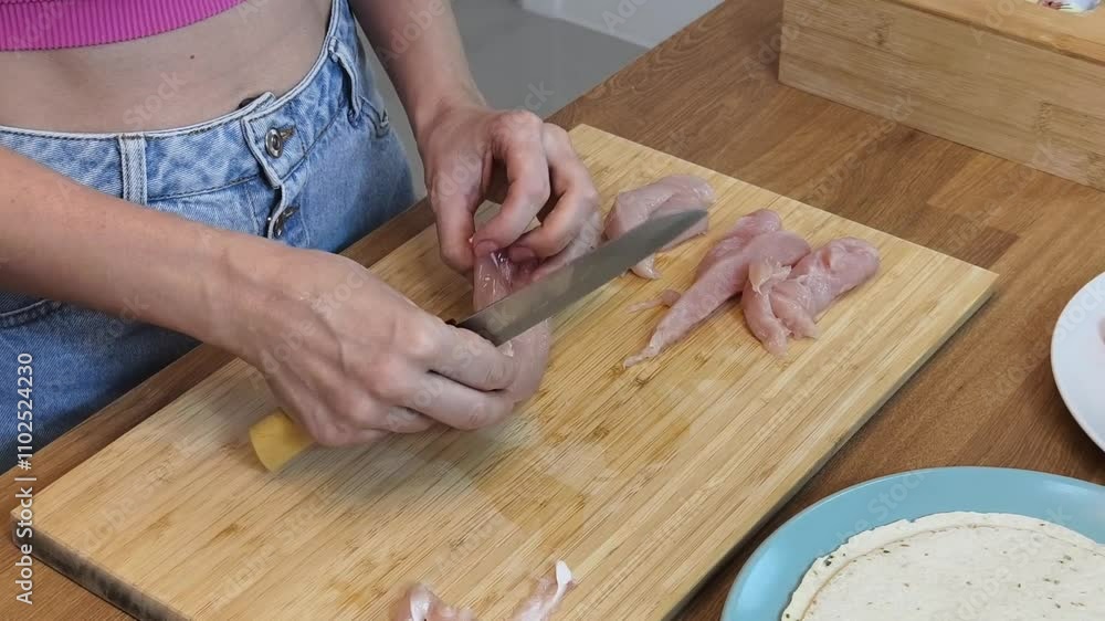 A young woman prepair chiken shawarma at the kitchen A young woman prepair chiken shawarma at the kitchen
