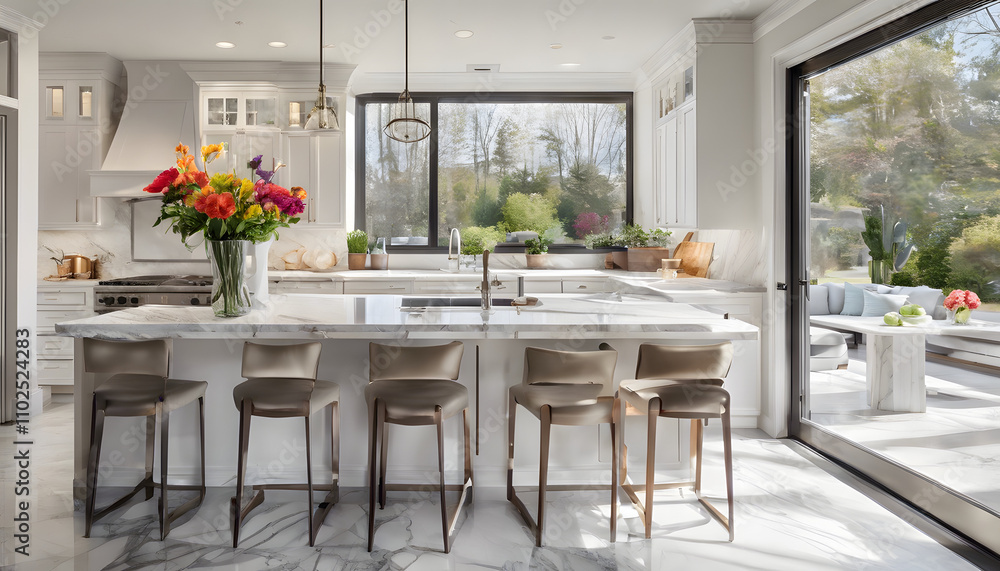 Obraz premium A bright, airy kitchen with large windows letting