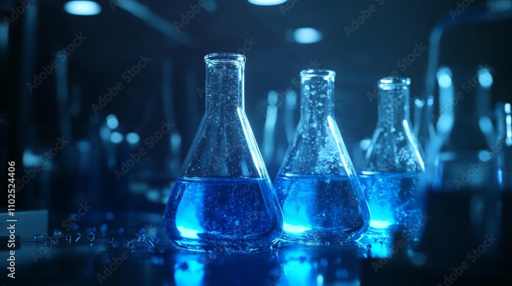 Three Erlenmeyer flasks filled with glowing blue liquid sit on a dark lab bench. Three Erlenmeyer flasks filled with glowing blue liquid sit on a dark lab bench.