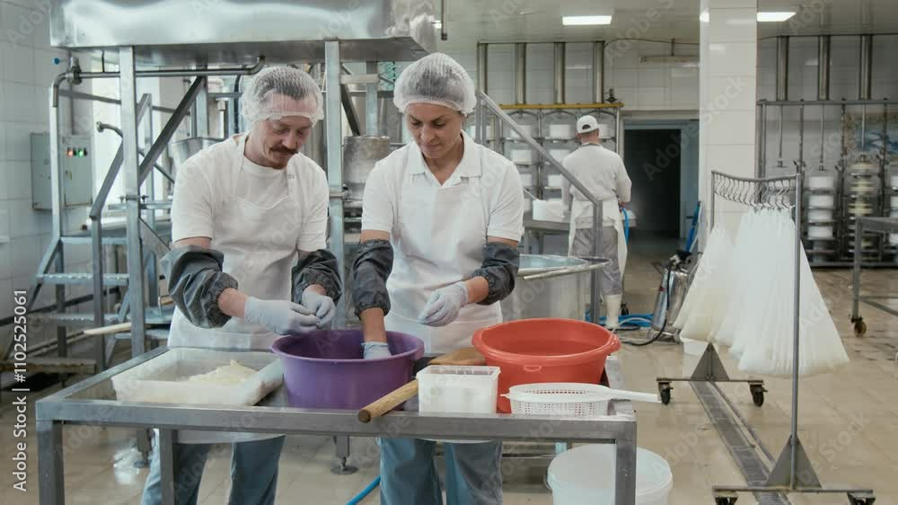 Medium full shot of diverse cheese factory workers standing by steel table, with bright plastic tubs, tearing pressed cooked curds into pieces for making stretched cheese Medium full shot of diverse cheese factory workers standing by steel table, with bright plastic tubs, tearing pressed cooked curds into pieces for making stretched cheese