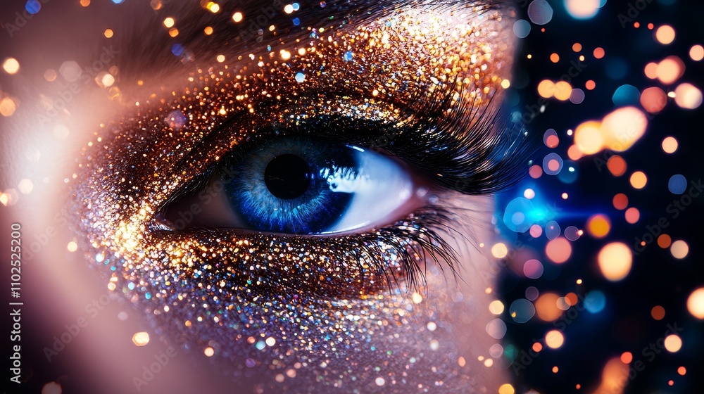 Dramatic concert makeup close-up with a concert stage background, featuring schedule text overlay, perfect for event advertisement, bold and exciting design Dramatic concert makeup close-up with a concert stage background, featuring schedule text overlay, perfect for event advertisement, bold and exciting design