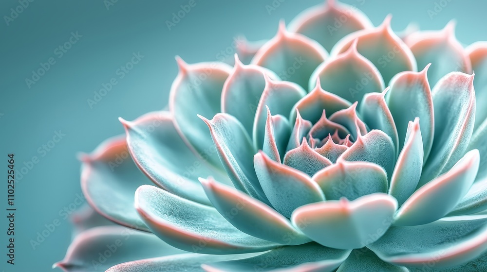 Fototapeta premium Echeveria close-up showcasing its symmetrical rosette form, muted green and pink tones blending into an abstract, soft-focus natural background
