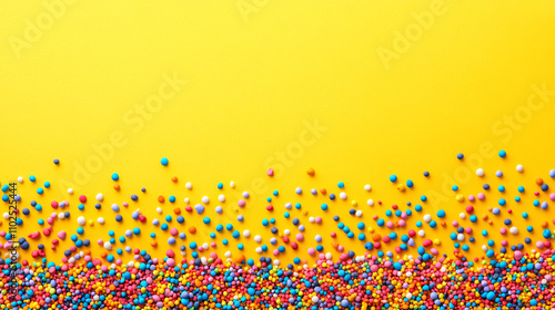 A colorful array of sprinkles scattered against a vibrant yellow background, creating a fun and festive atmosphere.