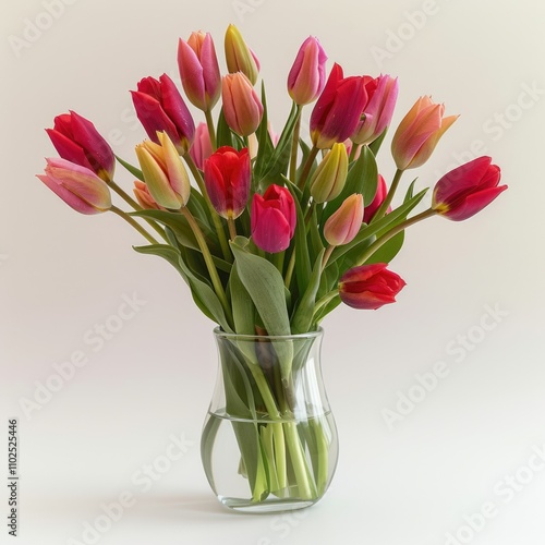 A portrait of a bouquet of tulips in a vase.