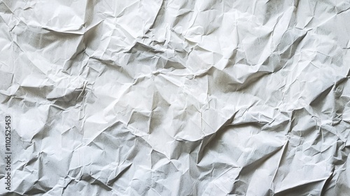 A close-up view of crumpled white paper, showcasing its wrinkled texture and subtle shadowing. Ideal for backgrounds or creative design. photo