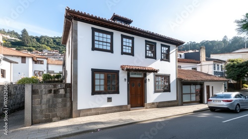 Front view of a striking house featuring wooden doors and large windows, set against a bright blue sky and stone wall