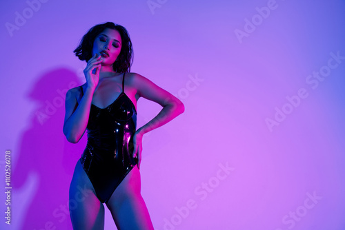 Photo of girl feel flirty wear black leather suit isolated neon color background