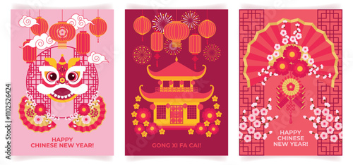 Chinese new year background set with dragon mack, youse, fans, lanterns, fireworks, flowers. Festive decorative poster with traditional symbols of chinese lunar new year. Card, banner, flyer, 