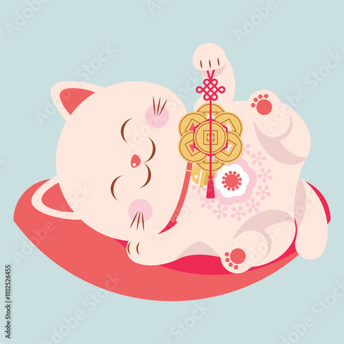 Cute lucky cat lying on pillow and holding a bunch of coins in raised left paw. Funny playful beckoning cat with coins in left paw, traditional Japanese lucky amulet. Isolated vector object, 