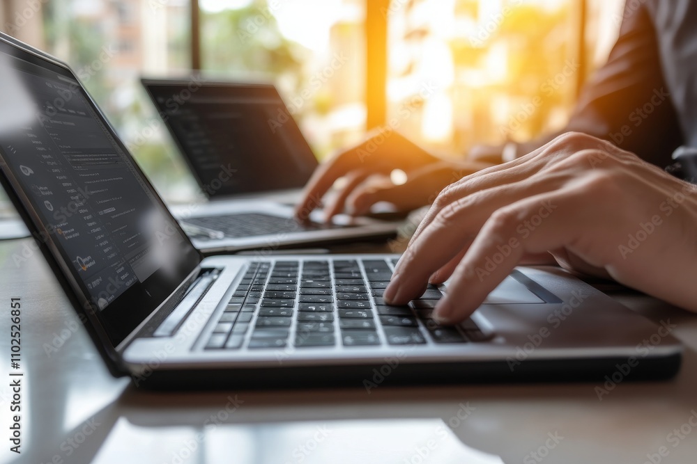 Close-Up of Hands Typing on a Laptop in a Modern Workspace with Natural Light Streaming Through Windows, Highlighting Focus on Technology and Productivity Close-Up of Hands Typing on a Laptop in a Modern Workspace with Natural Light Streaming Through Windows, Highlighting Focus on Technology and Productivity
