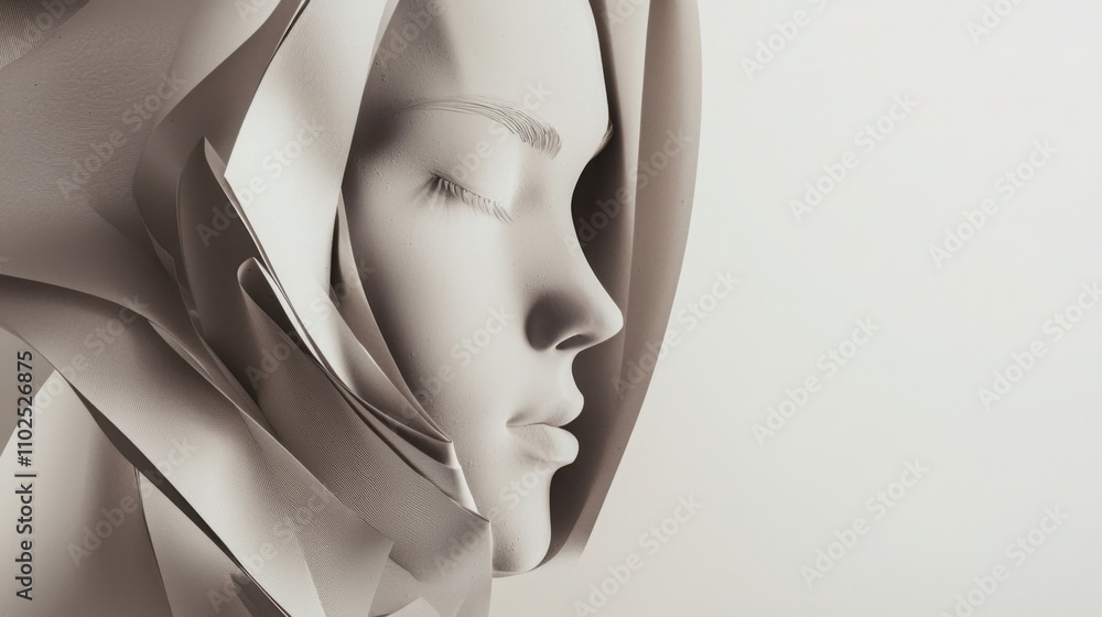 A close-up of an artistic paper sculpture featuring a serene, abstract face that captures elegance and creativity. Perfect for creative backgrounds. A close-up of an artistic paper sculpture featuring a serene, abstract face that captures elegance and creativity. Perfect for creative backgrounds.