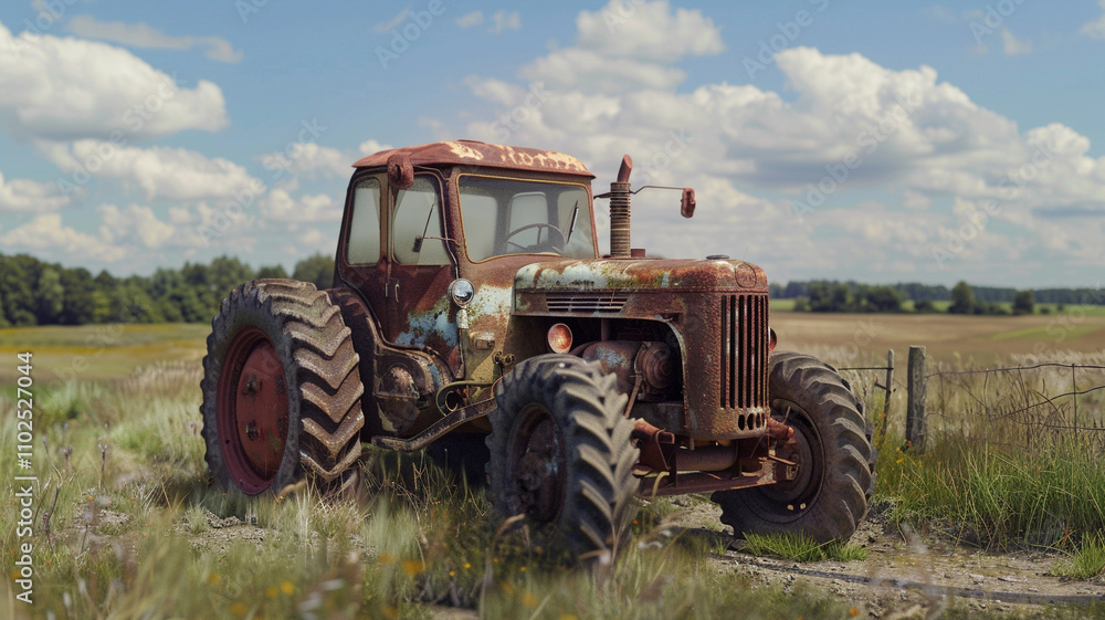 A timeworn tractor sits idle in a sunlit field, its rusty exterior narrating decades of toil and agricultural legacy. A timeworn tractor sits idle in a sunlit field, its rusty exterior narrating decades of toil and agricultural legacy.