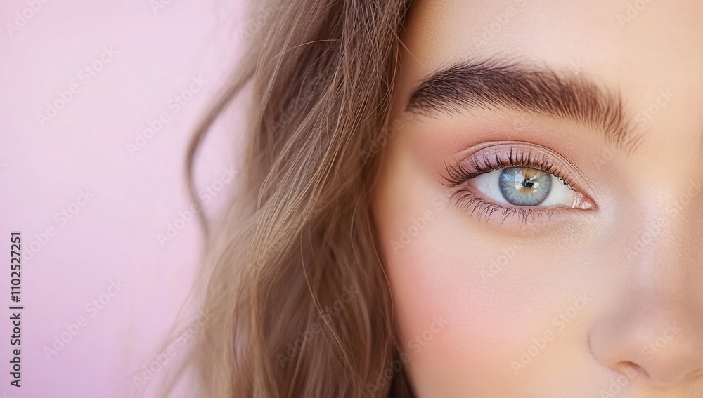Close-up of a woman's eye with soft makeup against a pink background. Close-up of a woman's eye with soft makeup against a pink background.