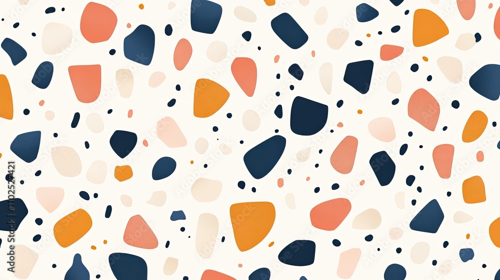Abstract terrazzo pattern with pastel orange, peach, blue, and beige stones on white background. Abstract terrazzo pattern with pastel orange, peach, blue, and beige stones on white background.
