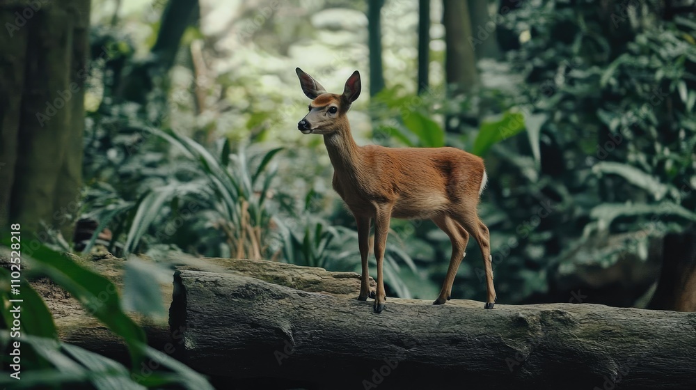 Juvenile Deer Standing on Log Amidst Lush Green Forest Landscape Juvenile Deer Standing on Log Amidst Lush Green Forest Landscape