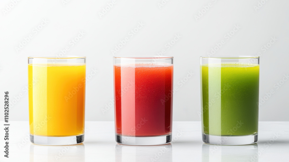 Fresh and vibrant, three colorful glasses of juice showcase mango yellow, red berry, and green vegetable blends, perfect for refreshing drink Fresh and vibrant, three colorful glasses of juice showcase mango yellow, red berry, and green vegetable blends, perfect for refreshing drink