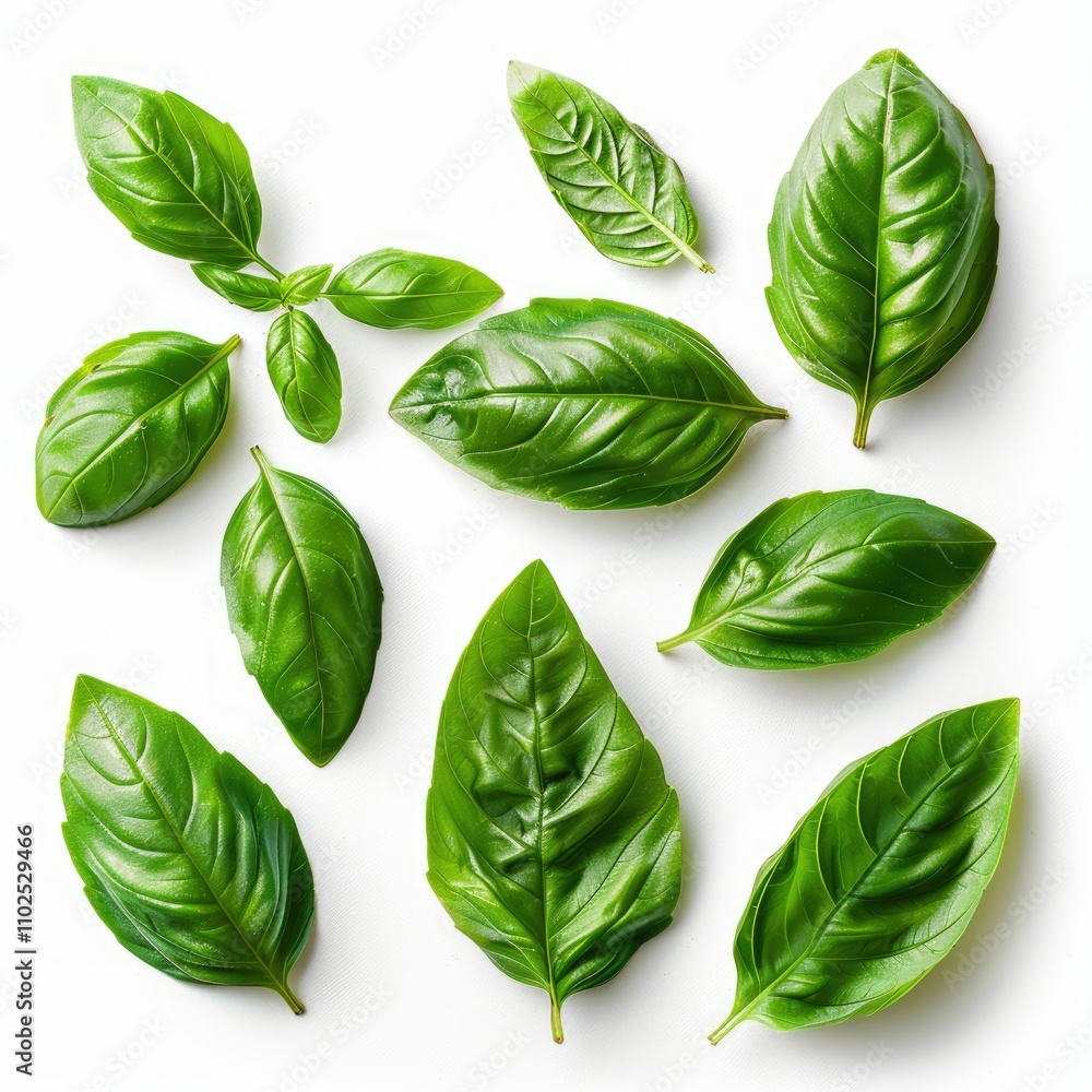 Set of fresh basil leaves isolated on white Set of fresh basil leaves isolated on white