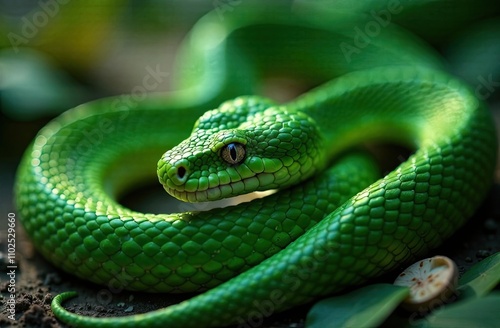 A close-up of a vibrant green snake coiled gracefully on a natural surface with textured scales gleaming under soft light, surrounded by leaves and earthy tones, exuding a serene yet captivating aura