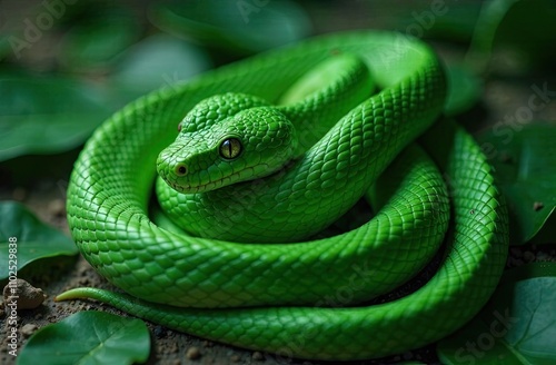 A vivid green snake coiled elegantly among fresh leaves, showcasing its textured scales and piercing eyes, captured in a serene natural environment with soft, natural lighting