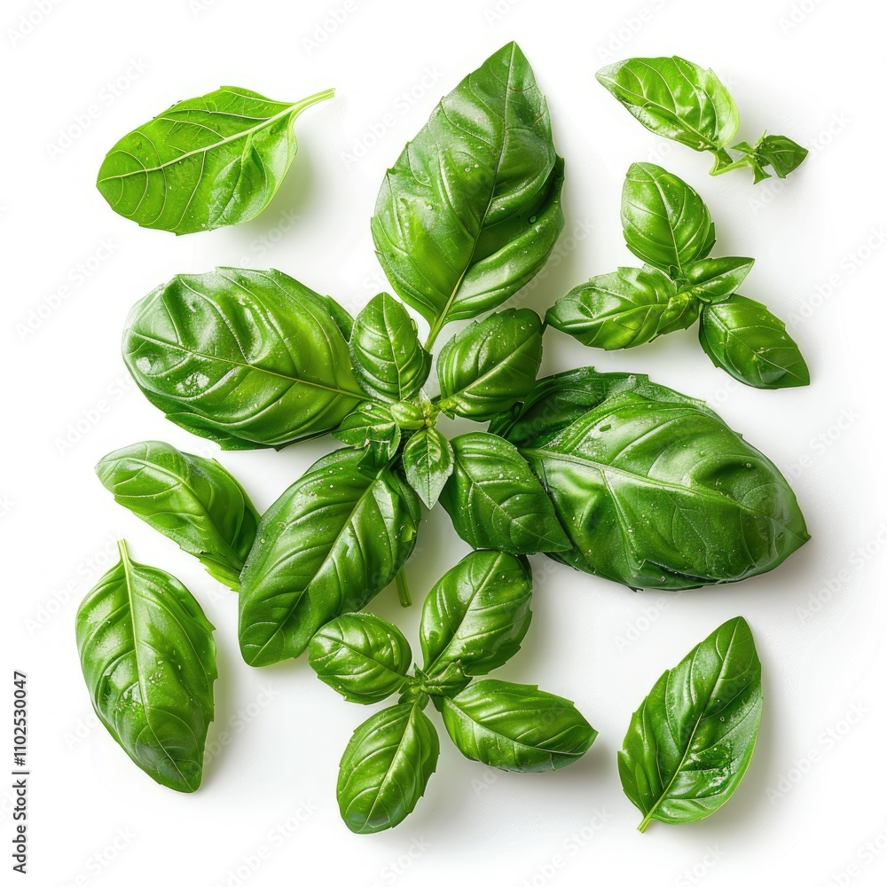 Fototapeta premium Sweet Genovese basil leaves background arrangement isolated on white. Top view.