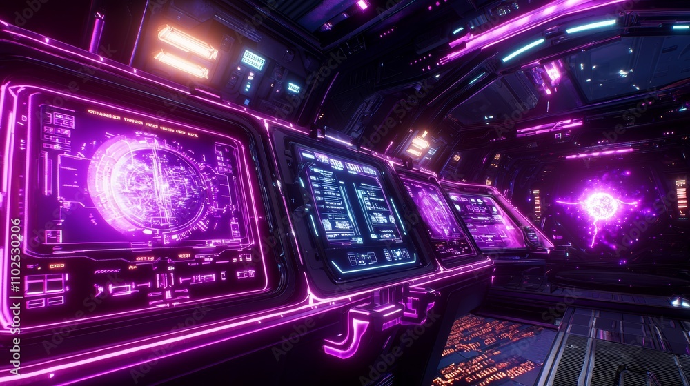 Interactive space station, digital screens and control panels, sci-fi style Interactive space station, digital screens and control panels, sci-fi style