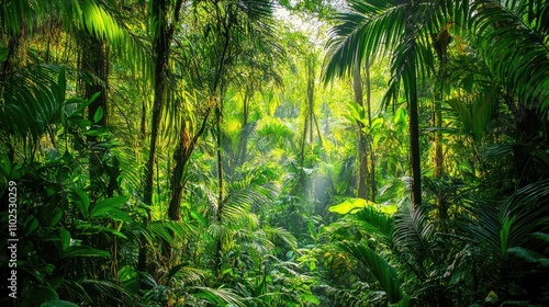 Lush Green Jungle with Sunlight Streaming Through Dense Foliage