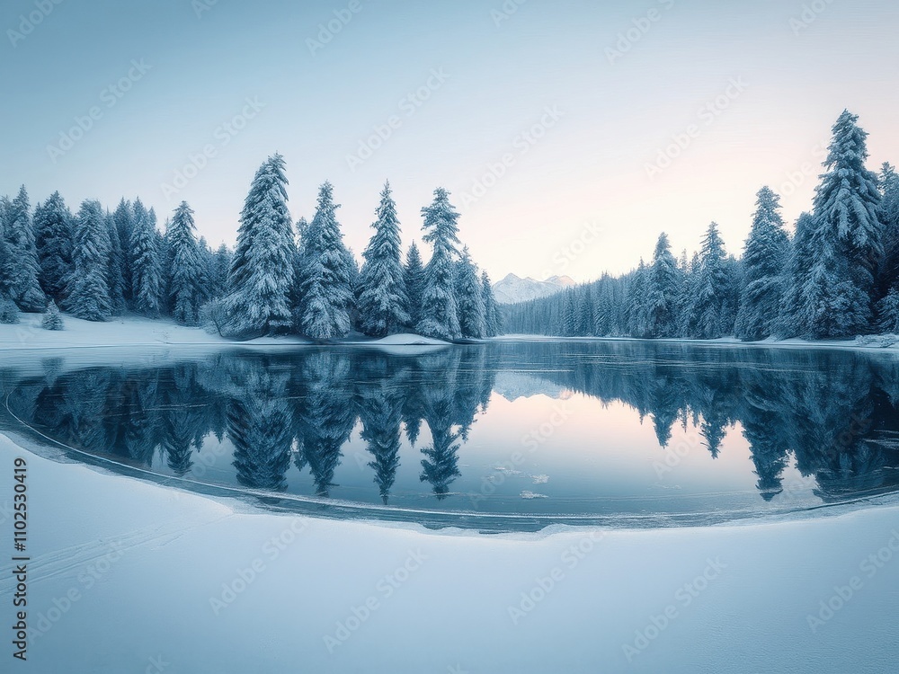 A frozen lake in the morning, with snow-covered trees reflected in its calm surface, peaceful atmosphere, morning landscape, serene scenery A frozen lake in the morning, with snow-covered trees reflected in its calm surface, peaceful atmosphere, morning landscape, serene scenery