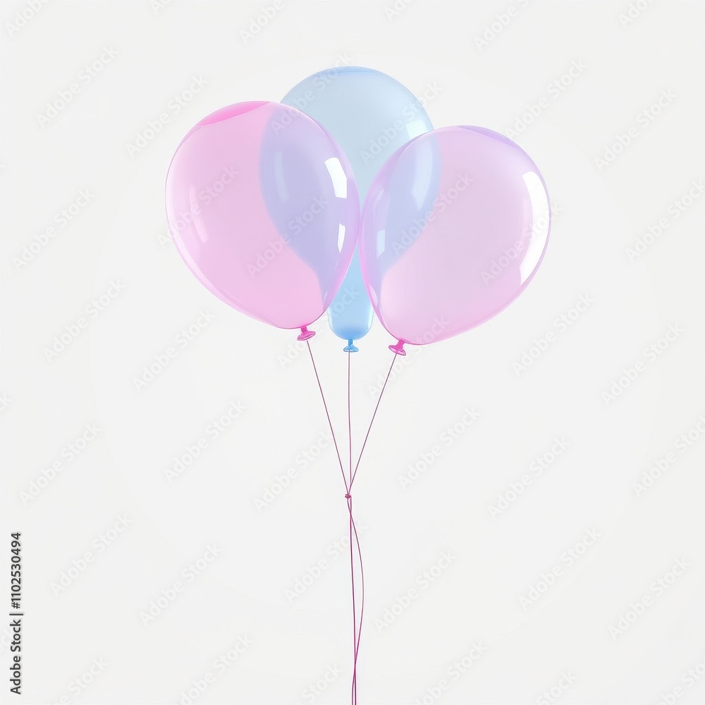 A group of translucent pink and blue balloons tied together with a thin thread as they gently sway in the breeze, soft movement, delicate shapes, whimsical ambiance., flowing threads A group of translucent pink and blue balloons tied together with a thin thread as they gently sway in the breeze, soft movement, delicate shapes, whimsical ambiance., flowing threads