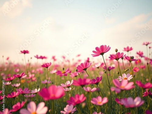 A field of cosmos flowers swaying gently in the breeze , cosmos flower fields, wildflowers