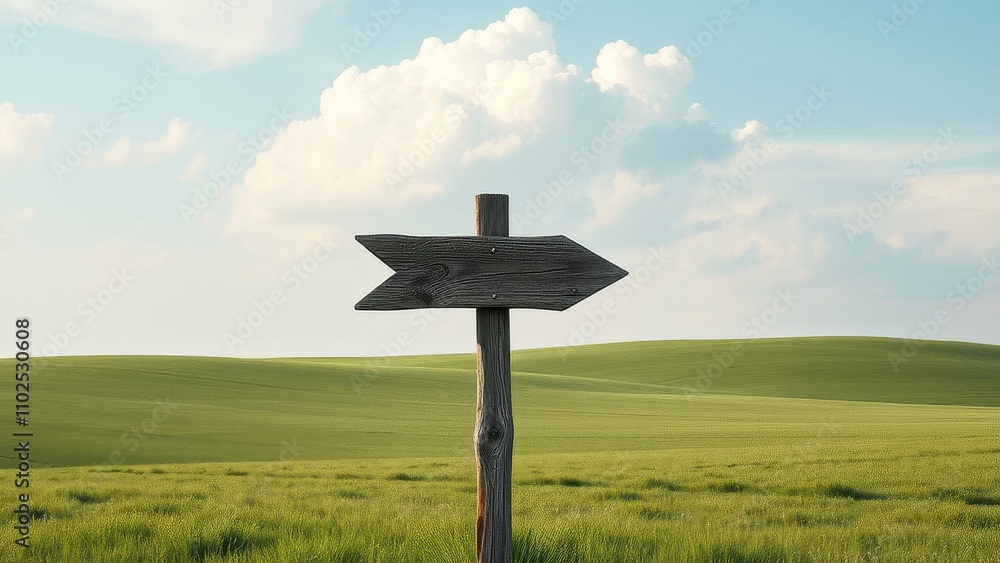 An isolated wooden arrow road sign in the middle of a vast open field, landscape, signpost, arrow An isolated wooden arrow road sign in the middle of a vast open field, landscape, signpost, arrow