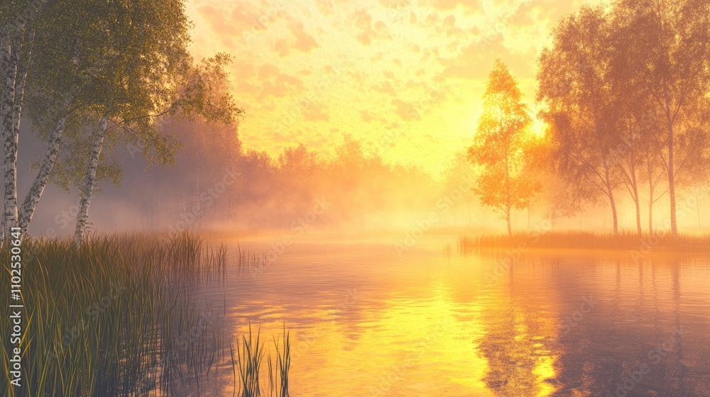 Serene Sunset Over Misty Lake with Reflections and Trees Serene Sunset Over Misty Lake with Reflections and Trees
