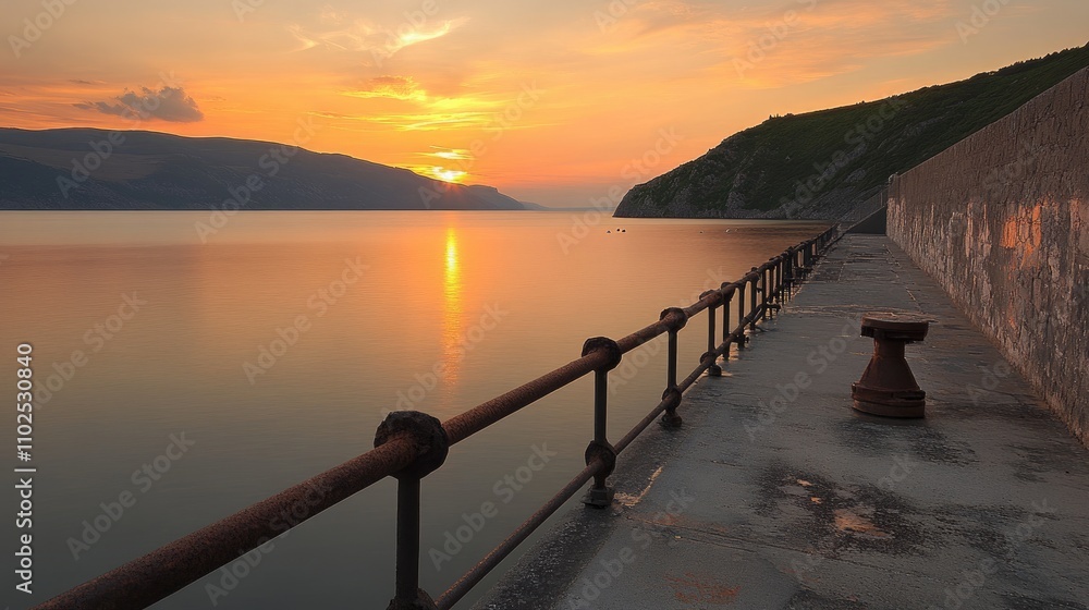 Serene Sunset Over Calm Waters and Rustic Jetty in Tranquil Landscape Serene Sunset Over Calm Waters and Rustic Jetty in Tranquil Landscape