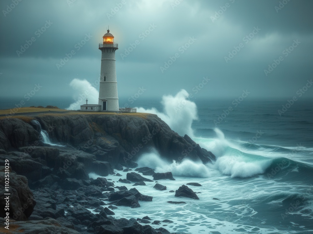 Coastal lighthouse with rocky shoreline and sea spray, spray, sailing boats Coastal lighthouse with rocky shoreline and sea spray, spray, sailing boats