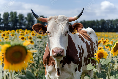 Cow in Sunflowers A cow stands surrounded by bright sunflowers, blending rural beauty with natures warmth photo