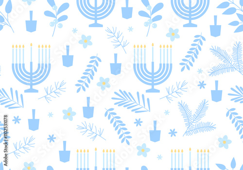 Seamless pattern. Happy Hanukkah. Celebration with menorah and dreidels, flowers. Blue and white design. Hanukkah religion holiday background with flowers. Holiday design