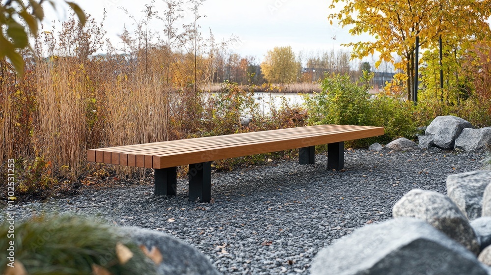 Modern wooden bench in natural outdoor setting by tranquil water Modern wooden bench in natural outdoor setting by tranquil water