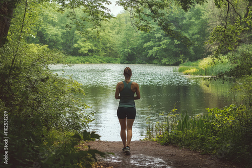 A person is jogging on a path by a tranquil lake surrounded by lush greenery. Concept of nature, exercise, and tranquility. For fitness or outdoor lifestyle photo