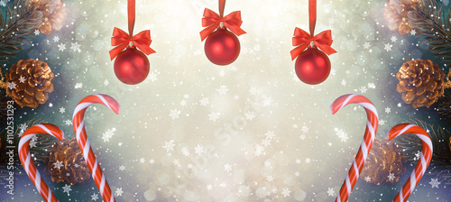 Christmas background with red balls, candy cane lollipop, decorative fir tree branch and cones. New Year winter holidays fantasy concept with decor and copy space, magic snowy wide panoramic banner.