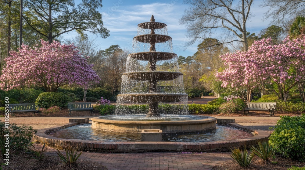 Serene Fountain Surrounded by Blooming Cherry Trees in Garden Setting Serene Fountain Surrounded by Blooming Cherry Trees in Garden Setting