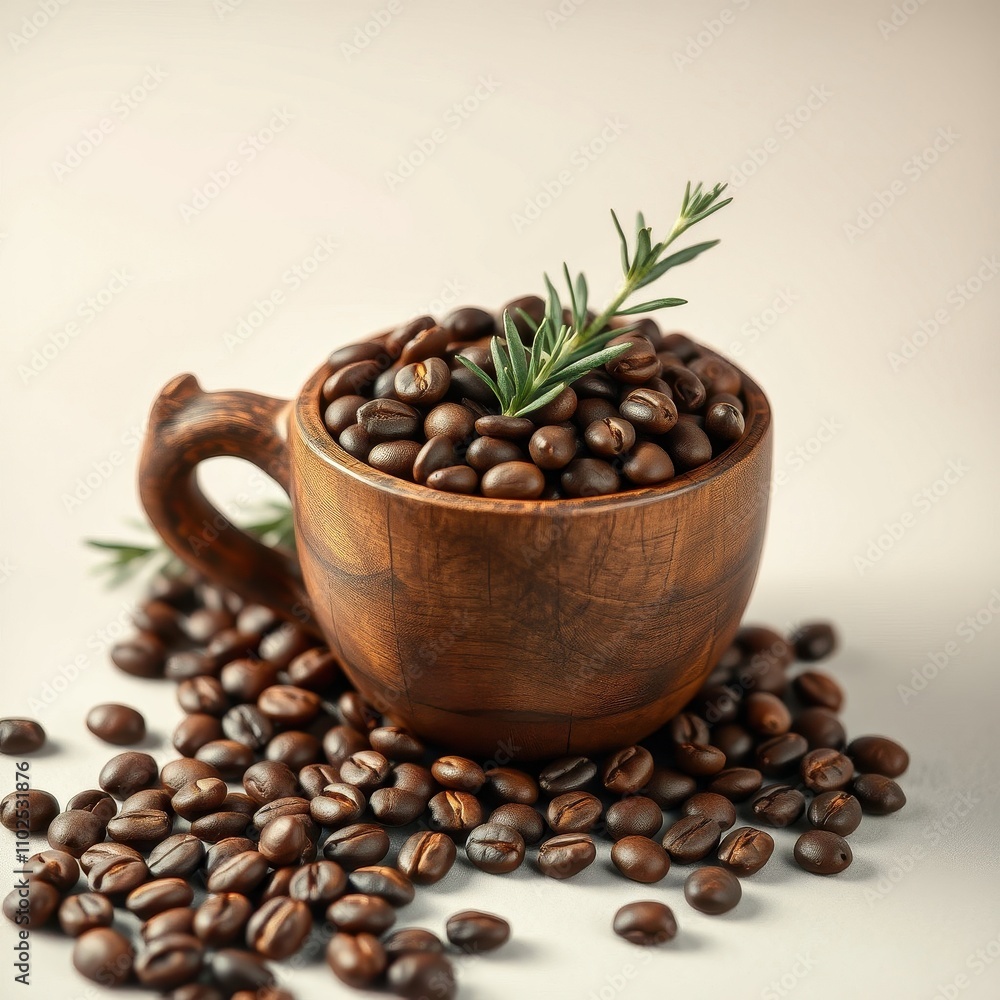 Coffee beans in a wooden cup with a sprig of rosemary, herbal tea, wooden accents, coffee beans, nature-inspired Coffee beans in a wooden cup with a sprig of rosemary, herbal tea, wooden accents, coffee beans, nature-inspired