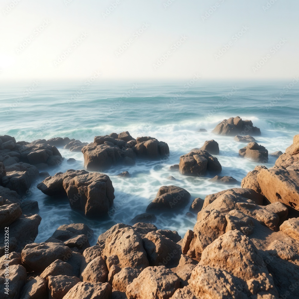 Oceanic mist with wavy ripples on a rocky coastline, misty atmosphere, wavy lines, abstract background, natural element., rugged landscape Oceanic mist with wavy ripples on a rocky coastline, misty atmosphere, wavy lines, abstract background, natural element., rugged landscape