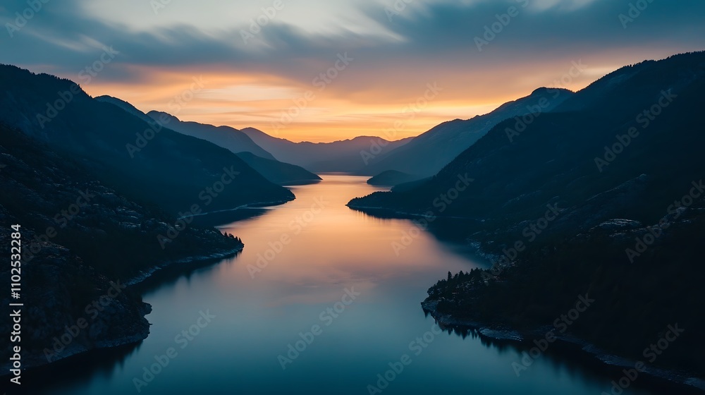 Serene sunrise over a calm lake nestled between majestic mountains. Serene sunrise over a calm lake nestled between majestic mountains.