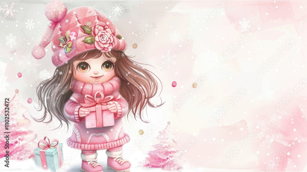 Fototapeta premium A cute little girl wearing a pink sweater and hat
