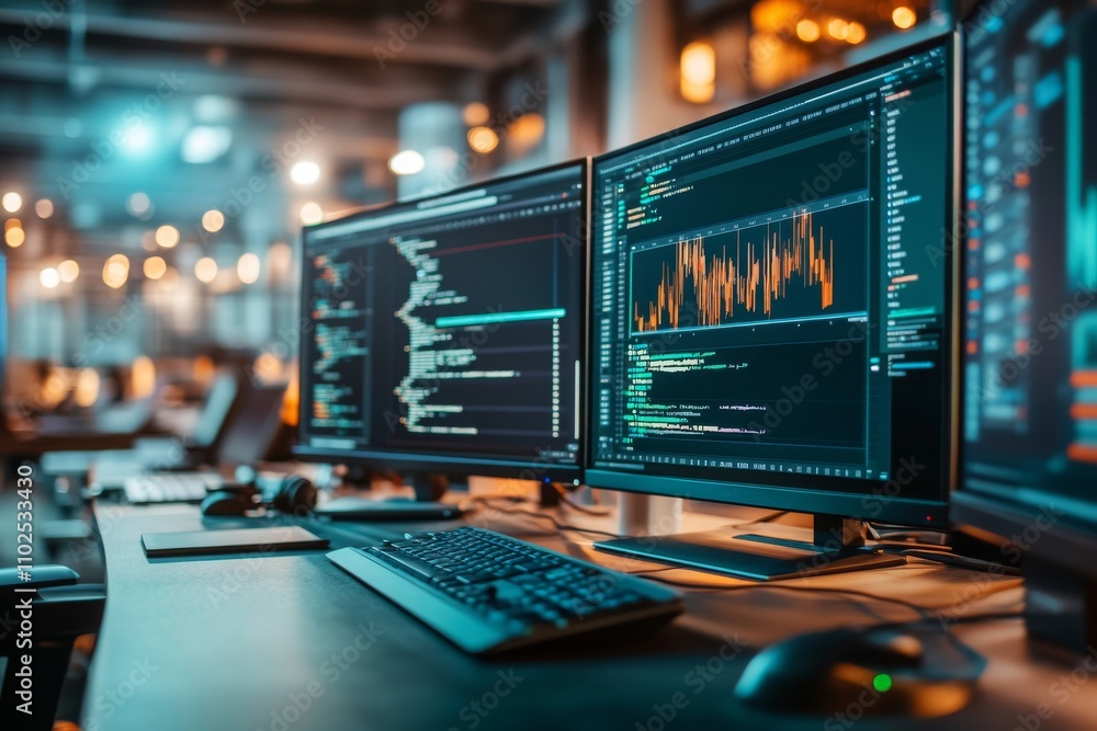 Modern Workspace with Multiple Monitors Displaying Data Analysis and Coding in a Tech Environment, Illuminated by Soft Ambient Lighting Modern Workspace with Multiple Monitors Displaying Data Analysis and Coding in a Tech Environment, Illuminated by Soft Ambient Lighting