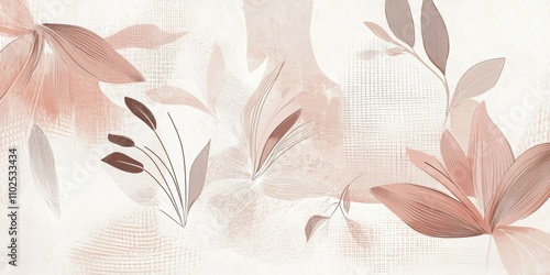 Modern geometric floral overlay with botanical line art in soft neutral tones for sophisticated design, background with  copy space