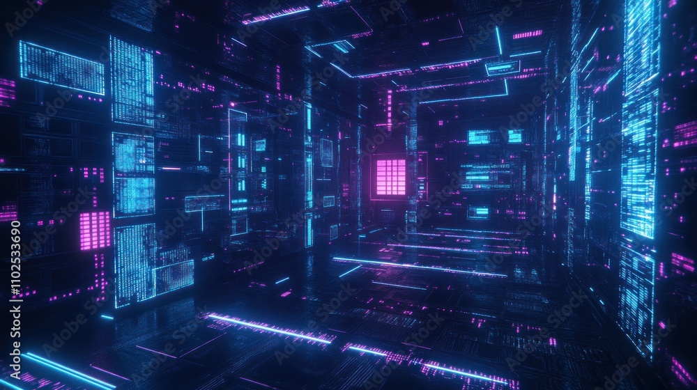 A futuristic digital corridor with glowing blue and pink circuitry. A futuristic digital corridor with glowing blue and pink circuitry.