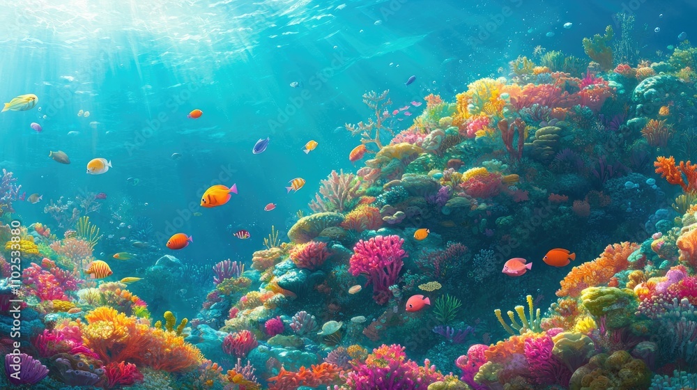 Obraz premium Vibrant Underwater Scene with Colorful Corals and Swimming Fish