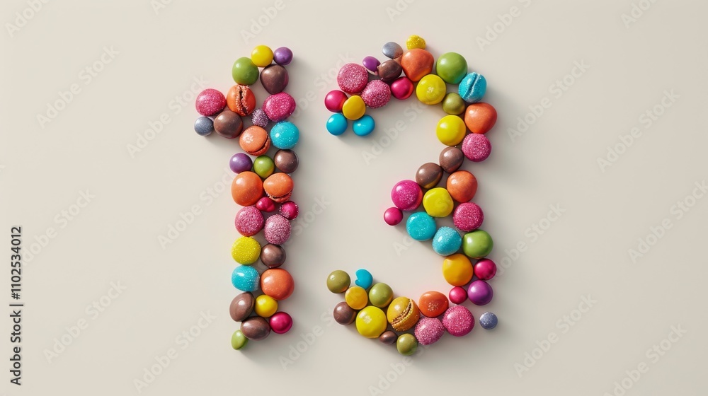 A vibrant number 13 is formed using an assortment of colorful candies against a light beige background. This creative and playful design is ideal for birthday themes or celebrations. AI generated. A vibrant number 13 is formed using an assortment of colorful candies against a light beige background. This creative and playful design is ideal for birthday themes or celebrations. AI generated.